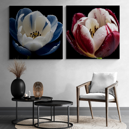 Tablouri cu Flori - Tablou canvas, modern, cu Flori, Lalelein stil realistic, nuante de rosu, albastru, pentru hol