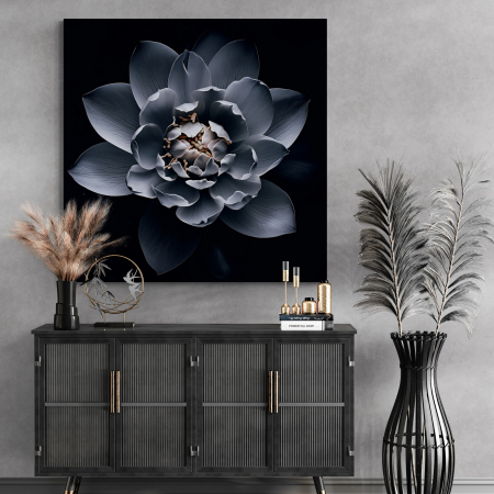 Tablouri cu Flori - Tablou canvas, modern, cu Flori, Lotus gri, pe fundal negru, pentru hol