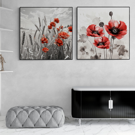 Tablouri cu Flori - Tablou canvas, modern, cu flori, Maci rosii pe fundal gri, pentru dormitor