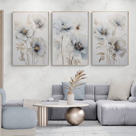 Tablouri cu Flori - Tablou canvas, modern, cu flori, nuante de crem, albastru, pentru living