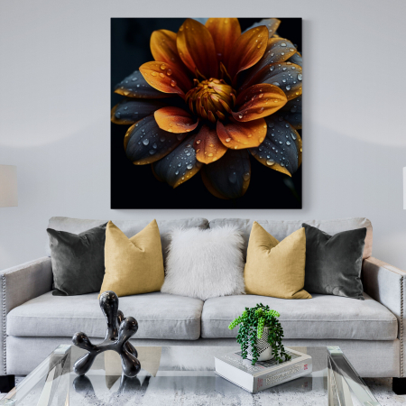 Tablouri cu Flori - Tablou canvas, modern, cu flori portocalii pe fundal negru, pentru living