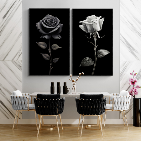Tablouri cu Flori - Tablou canvas, modern,  cu flori, Trandafir, nuante de alb negru, pentru restaurant, bucatarie