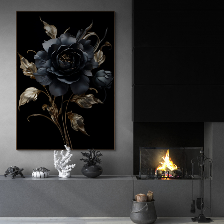 Tablouri cu Flori - Tablou canvas, modern,  cu flori, Trandafir, nuante de negru, auriu, pentru living