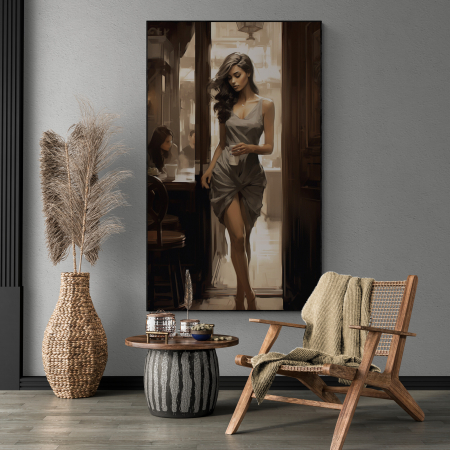 Tablouri Portrete Abstracte - Tablou canvas, modern, femeie eleganta, fashionin, stil abstract, nuante de crem, maro, pentru birou