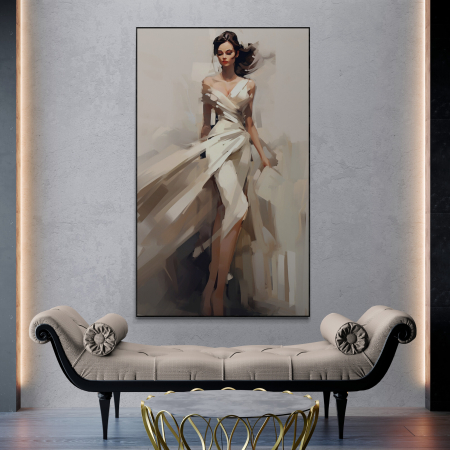 Tablouri Portrete Abstracte - Tablou canvas, modern, femeie eleganta, fashionin, stil abstract, nuante de crem, pentru hotel