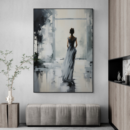 Tablouri Portrete Abstracte - Tablou canvas, modern, femeie eleganta, fashionin, stil abstract, nuante de gri, pentru hol