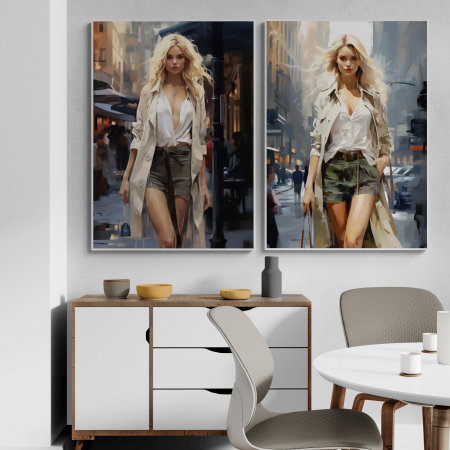 Tablouri Portrete Abstracte - Tablou canvas, modern, femeie fashionin, stil abstract, nuante de crem, pentru hol