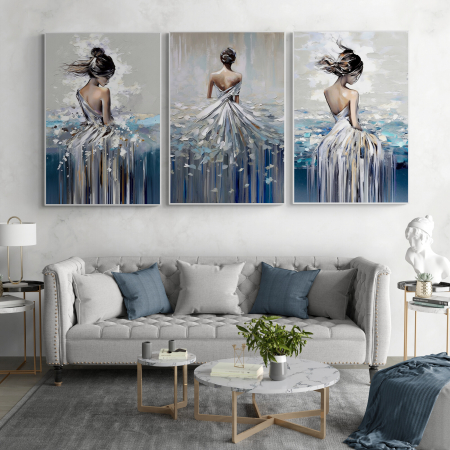 Tablouri Portrete Abstracte - Tablou canvas, modern, femeie in rochie eleganta, fashionin, stil abstract, nuante de albastru, pentru hotel