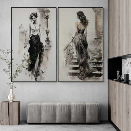 Tablouri Portrete Abstracte - Tablou canvas, modern, femeie in rochie eleganta, fashionin, stil abstract, nuante de crem pentru cafenea