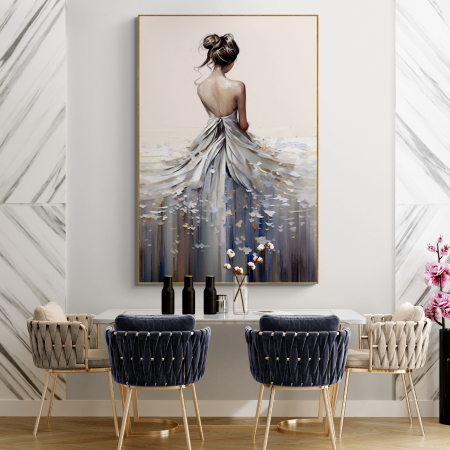 Tablouri Portrete Abstracte - Tablou canvas, modern, femeie senzuala in rochie, fashionin, stil abstract, nuante de crem pentru hotel