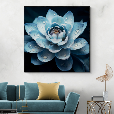 Tablouri cu Flori - Tablou canvas, modern, Floare de nufar albastru pe fundal negru, pentru living, hol