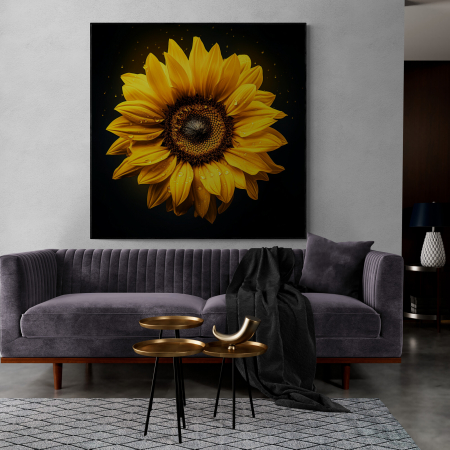 Tablouri cu Flori - Tablou canvas, modern, Floarea soarelui pe fundal negru, pentru living, dormitor