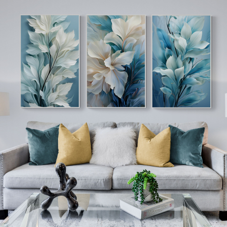 Tablouri cu Flori - Tablou canvas, modern, floral, frunze in nuante de albastru, crem, pentru living