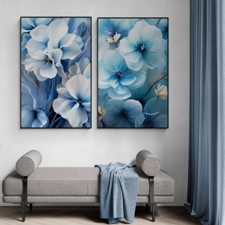 Tablouri cu Flori - Tablou canvas, modern, floral, nuante de albastru, pentru dormitor