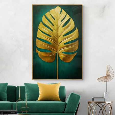 Tablouri cu Flori - Tablou canvas, modern,  frunza aurie pe fundal verde smarald pentru hol, hotel
