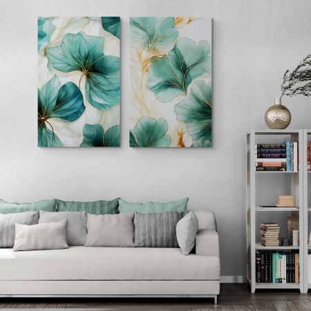 Tablou canvas, modern,  frunze albastru turcuaz pe fundal alb, pentru hol, living [1]