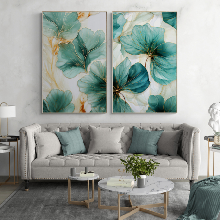 Tablouri cu Flori - Tablou canvas, modern,  frunze albastru turcuaz pe fundal alb, pentru hol, living