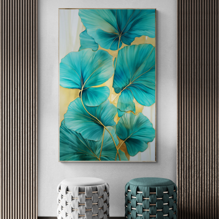 Tablouri cu Flori - Tablou canvas, modern,  frunze albastru turcuaz, pentru hol, living