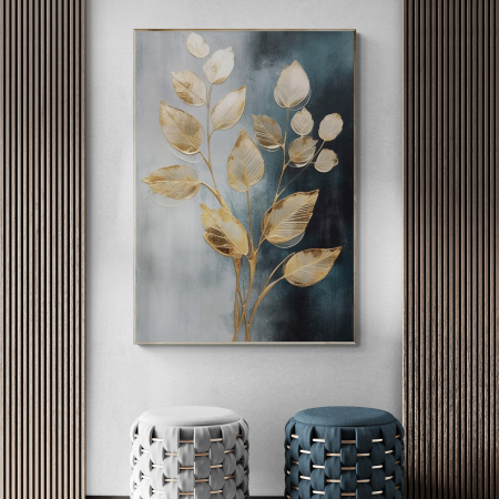 Tablouri cu Flori - Tablou canvas, modern,  Frunze aurii pe fundal albastru, gri, pentru hol