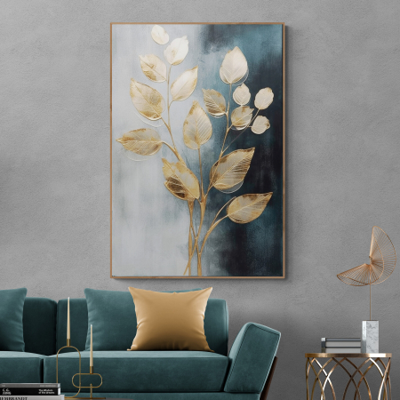 Tablou canvas, modern,  Frunze aurii pe fundal albastru, gri, pentru hol [1]
