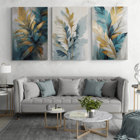 Tablouri cu Flori - Tablou canvas, modern,  frunze in nuante de albastru, auriu, pentru living, hotel