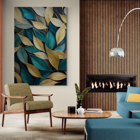 Tablouri cu Flori - Tablou canvas, modern,  frunze in nuante de albastru, auriu, pentru living, hotel