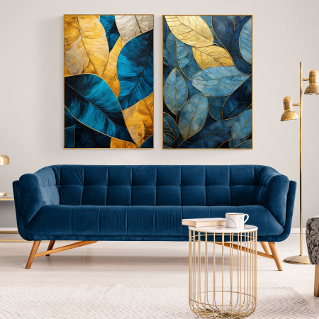 Tablouri cu Flori - Tablou canvas, modern,  frunze in nuante de galben, albastru,  pentru living, hotel