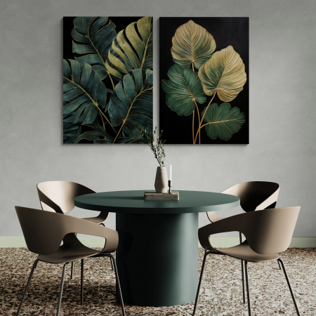Tablouri cu Flori - Tablou canvas, modern,  frunze in nuante de verde, auriu, pentru cafenea