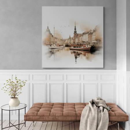 Tablouri Arhitectura si Peisaje - Tablou canvas modern cu Copenhaga, oraș și mare, în acuarela.