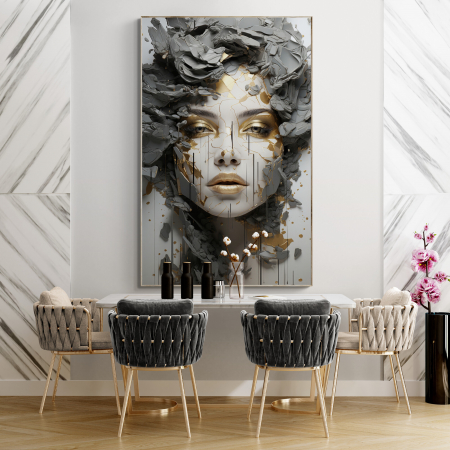 Tablouri Portrete Abstracte - Tablou canvas, modern, portret femeie abstract, in nuante de gri si auriu, pentru hol
