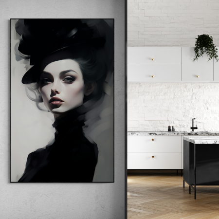 Tablouri Portrete Abstracte - Tablou canvas, modern, portret femeie cu palarie, nuante de gri, negru, pentru cafenea