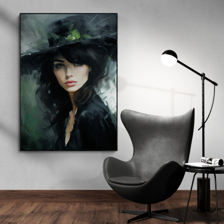 Tablouri Portrete Abstracte - Tablou canvas, modern, portret femeie cu palarie, nuante de verde, negru, pentru salon