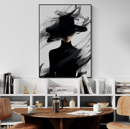 Tablouri Portrete Abstracte - Tablou canvas, modern, portret femeie eleganta, cu palarie fashionin, stil abstract, alb negru, pentru hotel