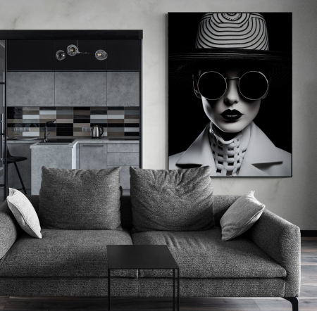 Tablouri Portrete - Tablou canvas, modern, portret femeie fashion, elegant, alb negru, pentru living