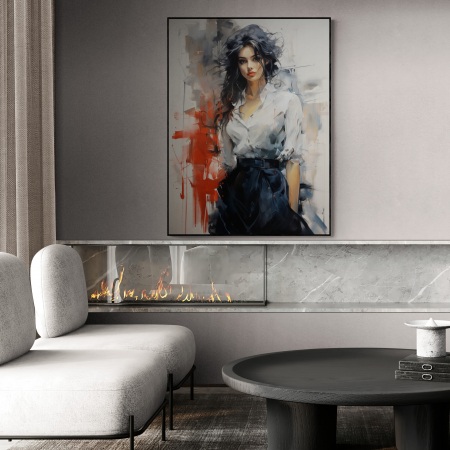 Tablouri Portrete Abstracte - Tablou canvas, modern, portret femeie, geometric, in stil abstract, nuante de rosu, pentru hol