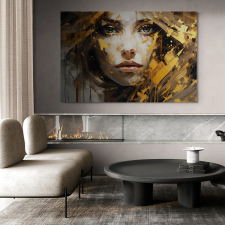Tablouri Portrete Abstracte - Tablou canvas, modern, portret femeie in stil abstract, nuante de maro, crem, pentru cafenea