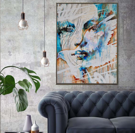 Tablouri Portrete Abstracte - Tablou canvas, modern, portret femeie, porumbei, multicolor, pentru living