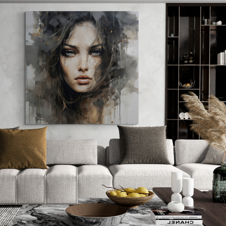 Tablouri Portrete Abstracte - Tablou canvas, modern, portret femeie senzuala, abstract, in nuante de nud si crem, pentru living