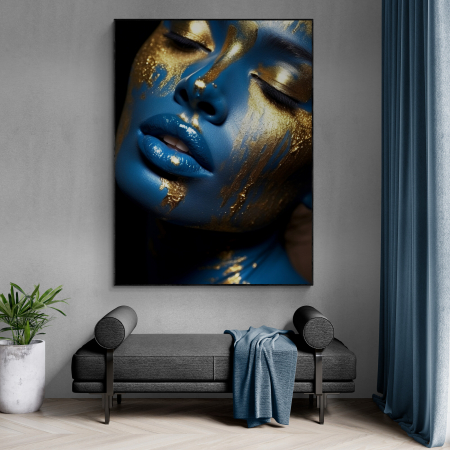 Tablouri Portrete - Tablou canvas, modern, portret femeie senzuala, in nuante de albastru, auriu, pentru hol
