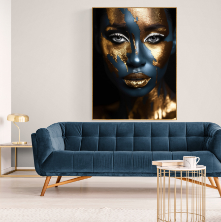 Tablouri Portrete - Tablou canvas, modern, portret femeie senzuala, in nuante de albastru, auriu, pentru living