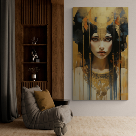 Tablouri Portrete - Tablou canvas, modern, portret femeie senzuala, in nuante de auriu, penru hol