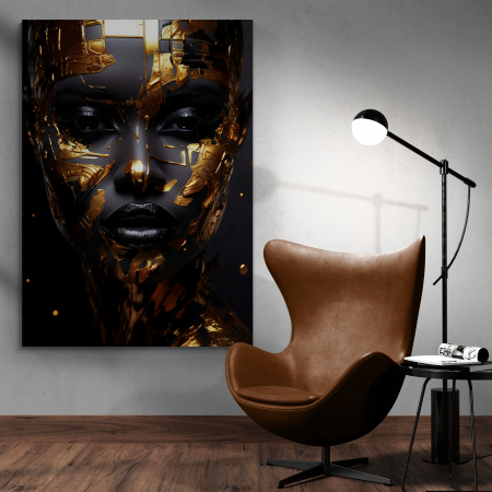 Tablouri Portrete - Tablou canvas, modern, portret femeie senzuala, in nuante de negru, auriu, pentru salon