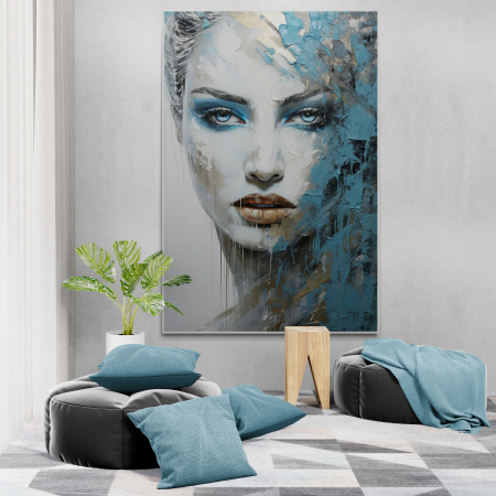 Tablouri Portrete Abstracte - Tablou canvas, modern, portret femeie senzuala in stil abstract, albastru, pentru birou