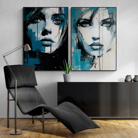 Tablouri Portrete Abstracte - Tablou canvas, modern, portret femeie senzuala in stil abstract, albastru, pentru dormitor
