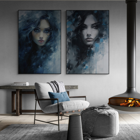 Tablouri Portrete Abstracte - Tablou canvas, modern, portret femeie senzuala in stil abstract, gri albastru, pentru birou