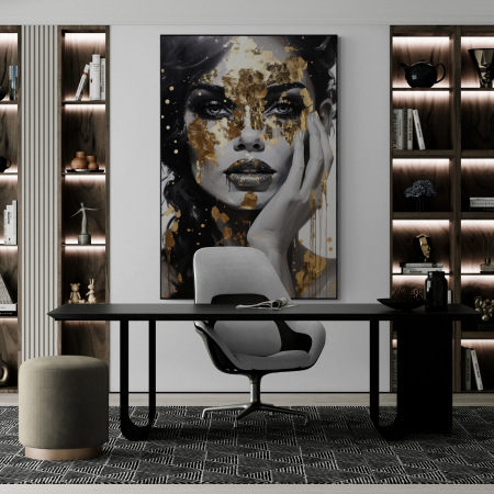 Tablouri Portrete Abstracte - Tablou canvas, modern, portret femeie senzuala in stil abstract, gri auriu, pentru birou
