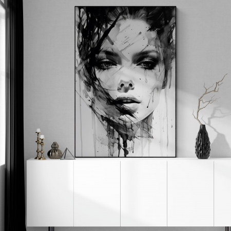 Tablouri Portrete Abstracte - Tablou canvas, modern, portret femeie senzuala in stil abstract, nuante de alb negru, pentru birou