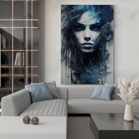 Tablouri Portrete Abstracte - Tablou canvas, modern, portret femeie senzuala in stil abstract, nuante de albastru, pentru birou