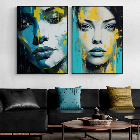 Tablou canvas, modern, portret femeie, stil abstract, nuante de turcuaz si galben, pentru hol [1]