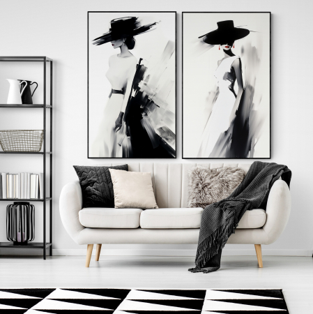 Tablouri Portrete Abstracte - Tablou canvas, modern, silueta femeie eleganta, cu palarie, fashionin, stil abstract, alb negru, pentru showroom